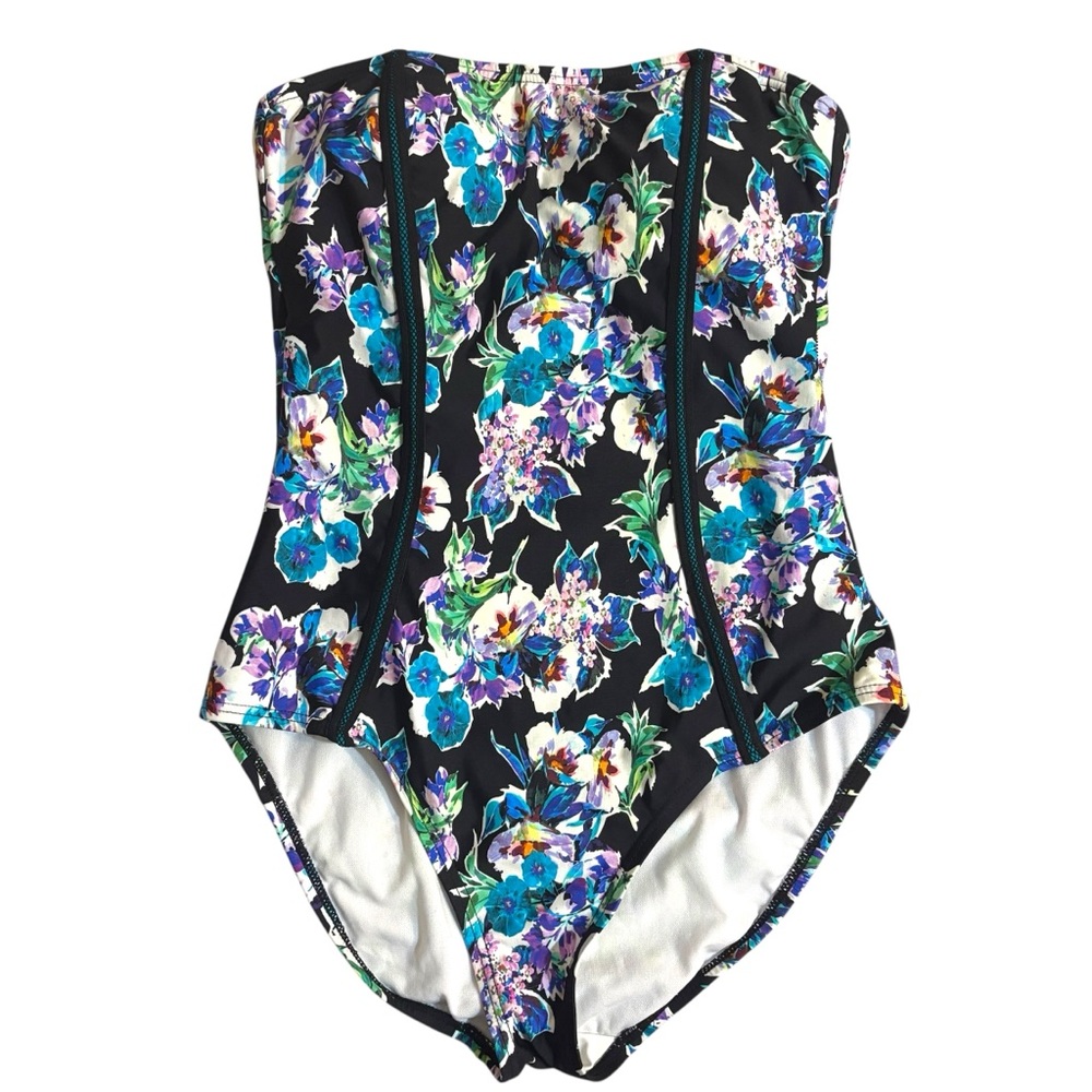 Kenneth Cole one piece swimsuit black blue floral strapless convertible medium